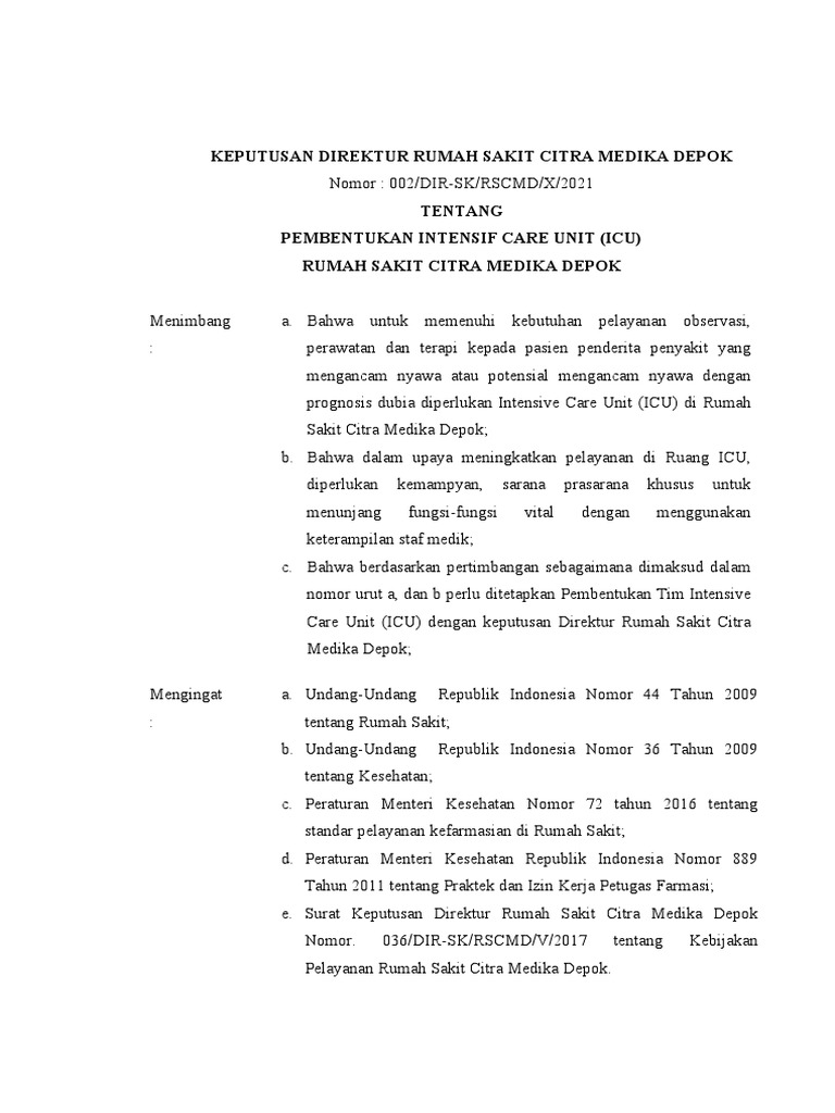 Pembentukan Tim ICU RS Citra Medika | PDF | Pengelolaan Keuangan & Uang