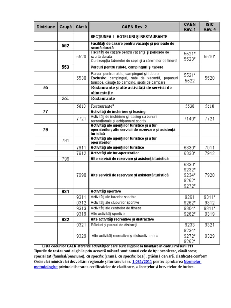 Anexa 12 - Lista Codurilor CAEN Eligibile Pentru Masura 313 | PDF