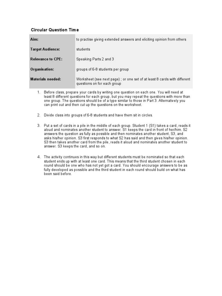 Circular Question Time Activity Guide | PDF | Communication