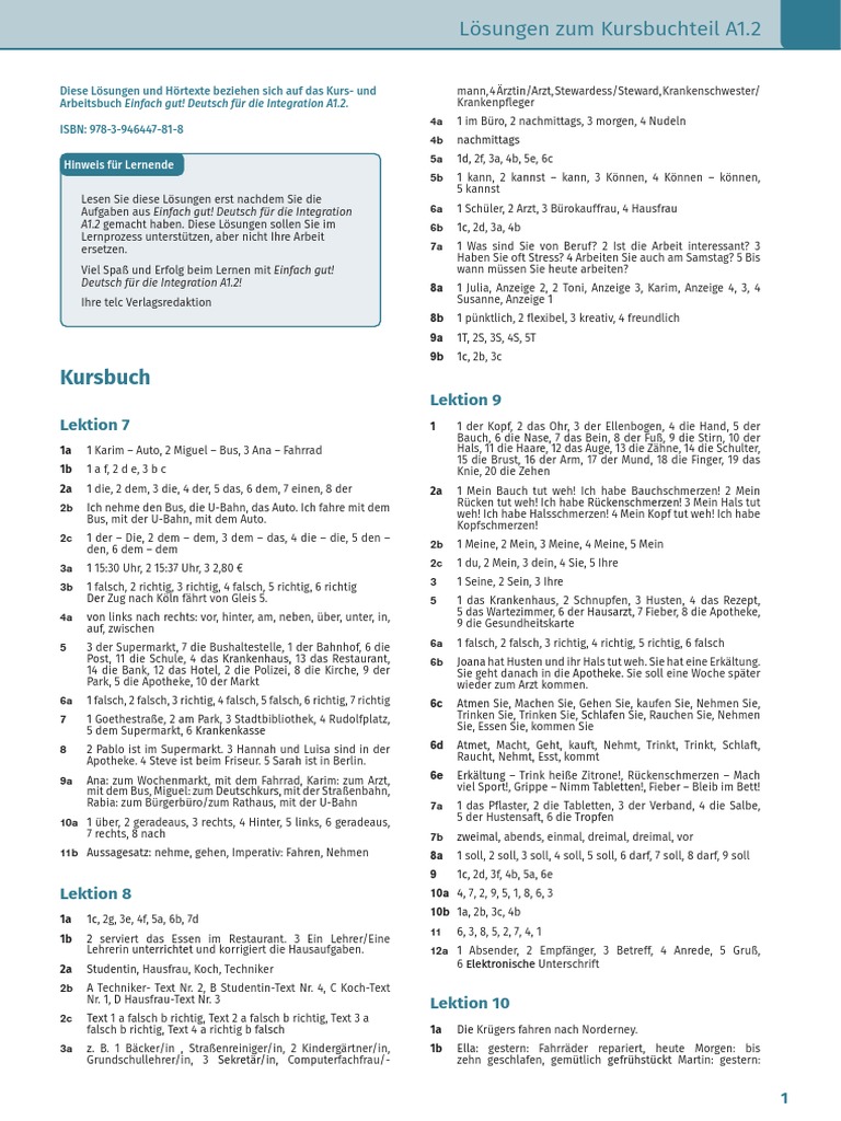 Einfach Gut! A1.2 Loesungen Hoertexte KB AB | PDF