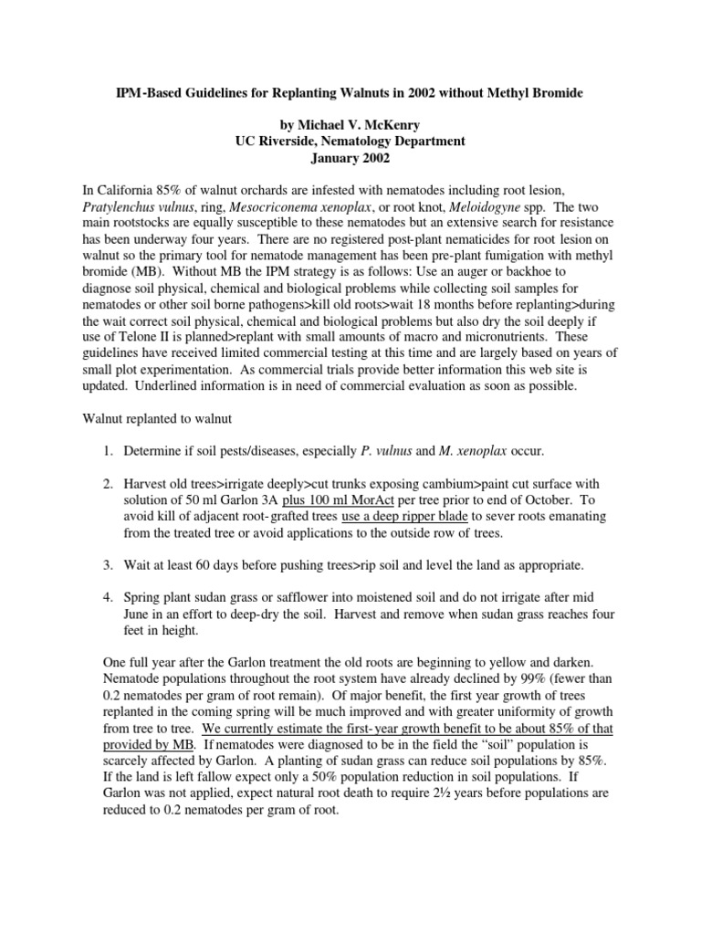 IpmBased Guidelines For Replanting Walnuts in 2002 Without Methyl Bromide by Michael V. Mckenry