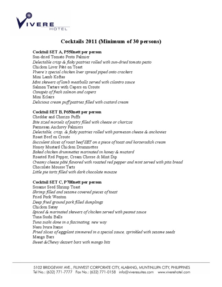 Cocktail Package Rate | PDF | Cooking, Food & Wine