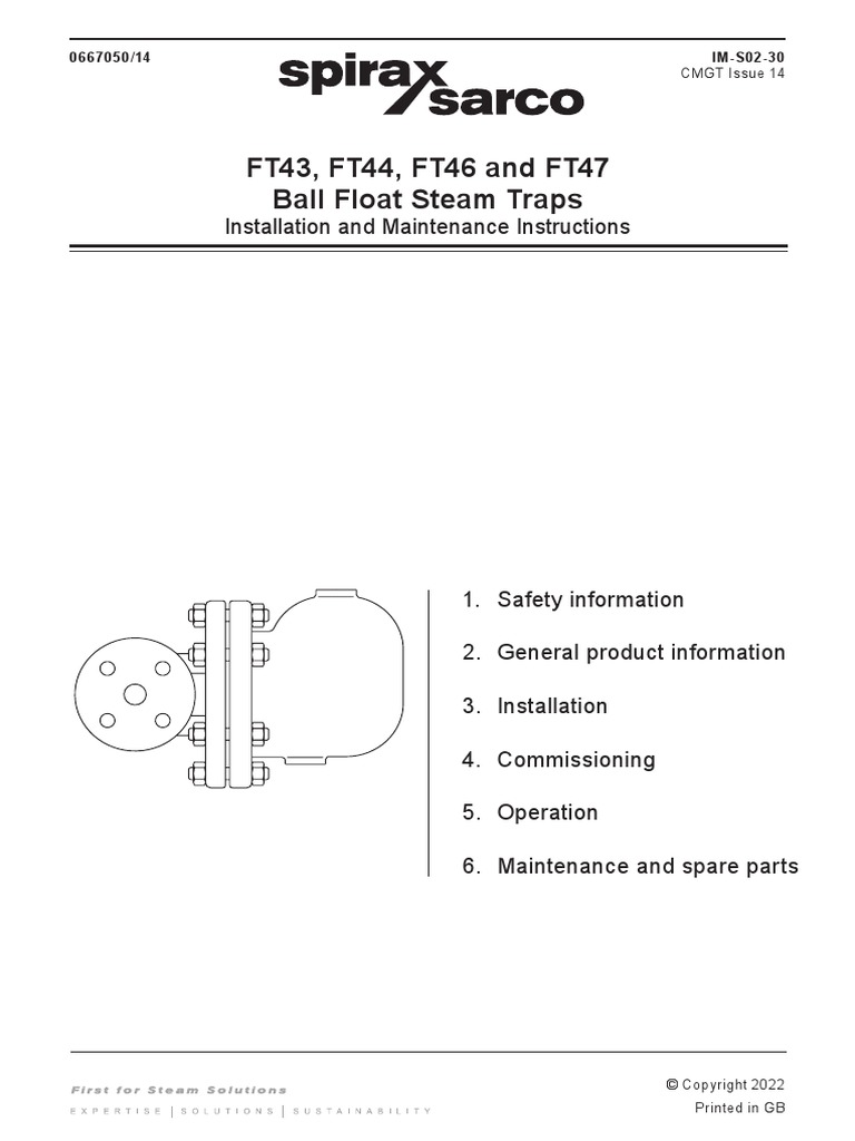 FT43, FT44, FT46 and FT47 Ball Float Steam Traps Installation and Maintenance Instructions