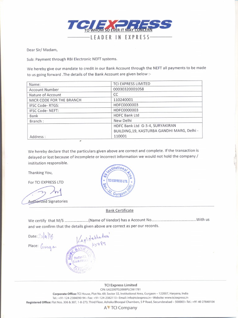 Rtgs Letter Tci Express PDF