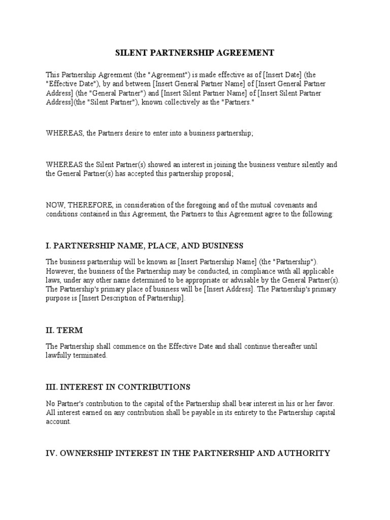 Silent Partnership Agreement PDF Partnership Limited Partnership