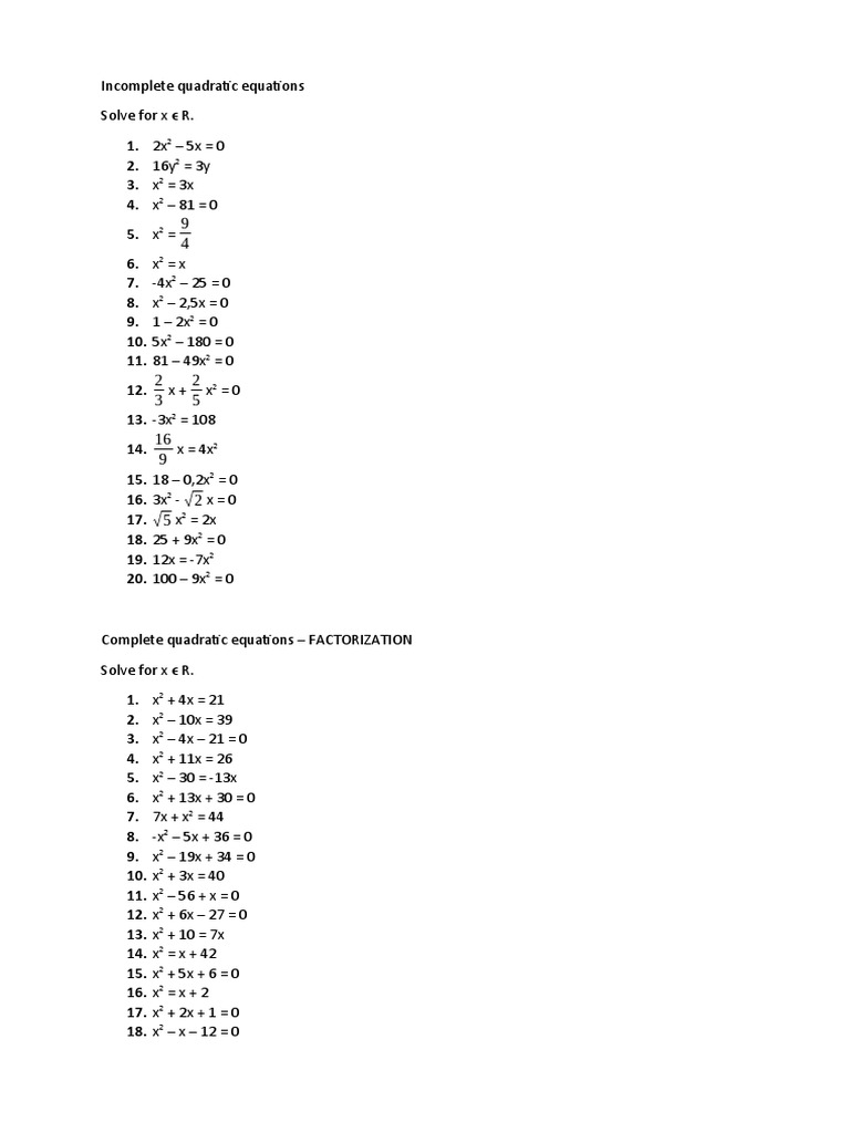 Incomplete Quadratic Equations Examples | PDF