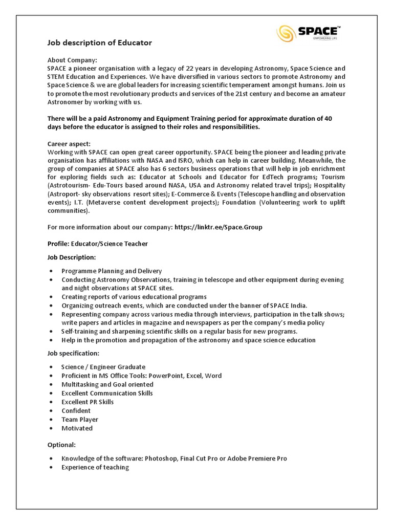 Job Description of Educator PDF