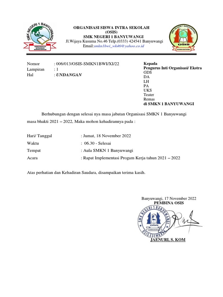 SURAT UNDANGAN RAPAT IMPLEMENTASI - Pengurus Organisasi | PDF