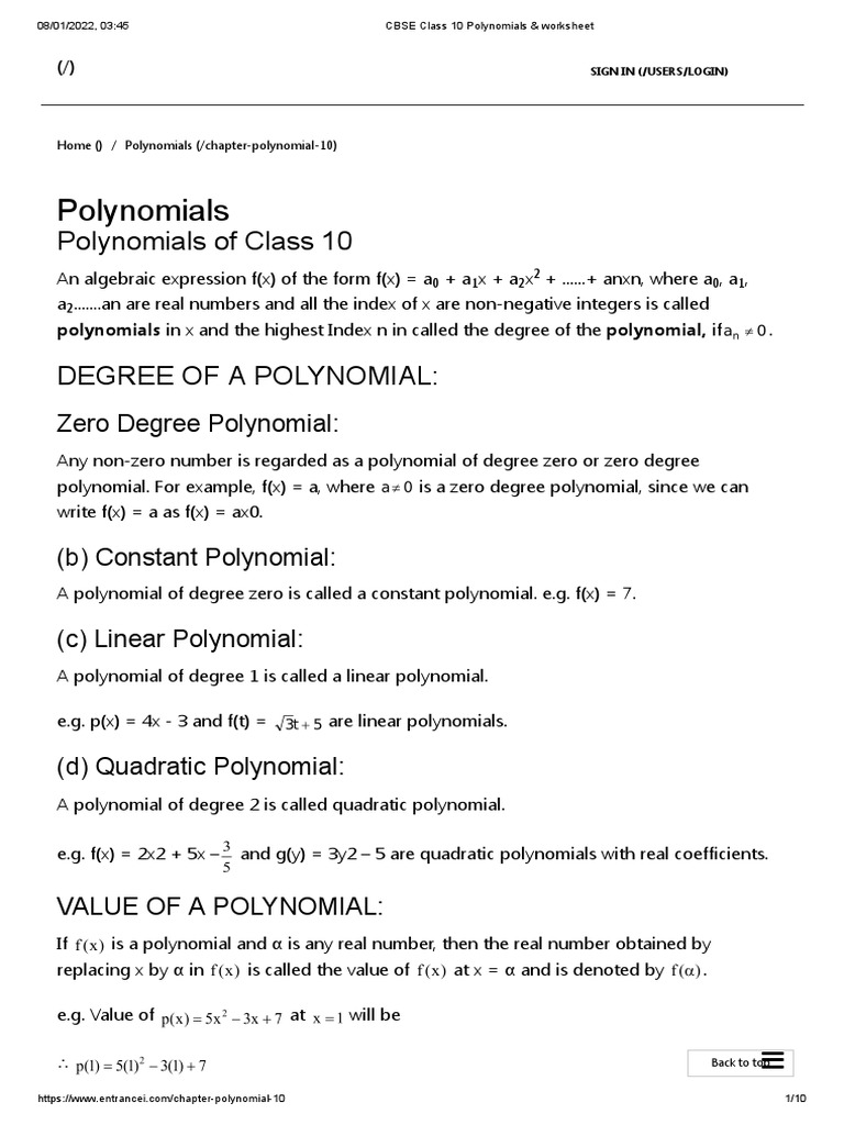 CBSE Class 10 Polynomials & Worksheet | PDF | Polynomial | Quadratic ...