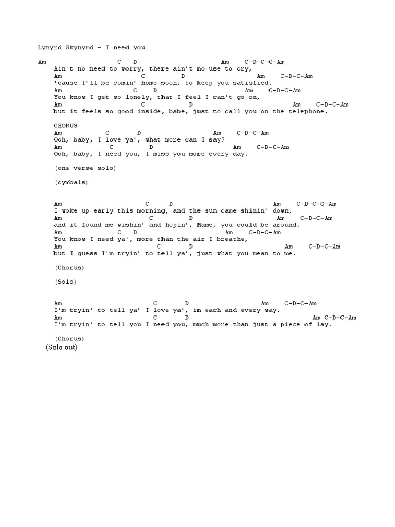 Lynyrd Skynyrd I Need You Pdf