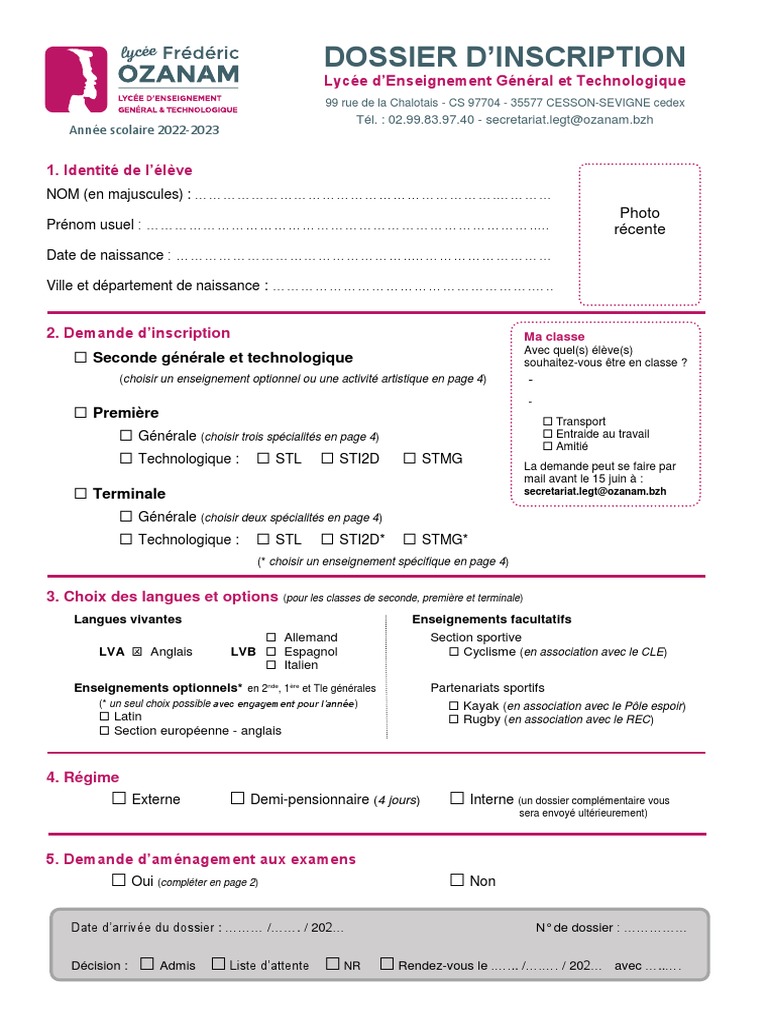 Dossier d'inscription Lycée Ozanam | PDF | Science