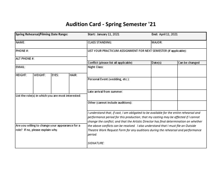 Spring Semester Audition Card | PDF