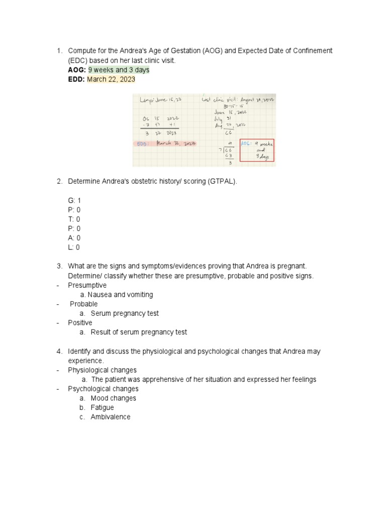 Compute for the andrea s age of gestation aog and expected date of