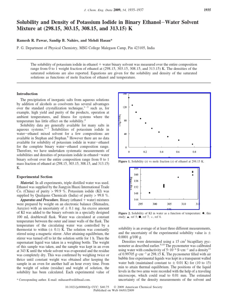 Solubility and Density of Potassium Iodide in Binary EthanolWater Solvent Mixtures at Various