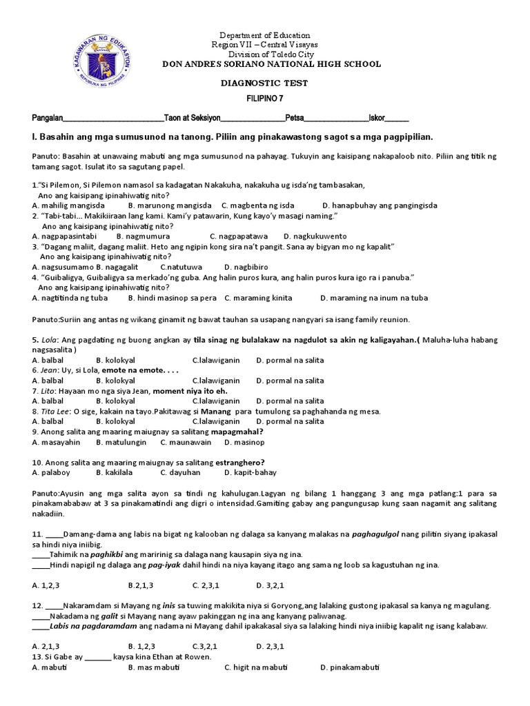 Diagnostic test sa filipino 7 pdf