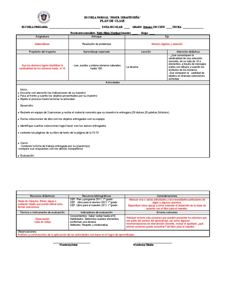 Plan de Clase Primer Grado | PDF | Evaluación | Modificación de ...