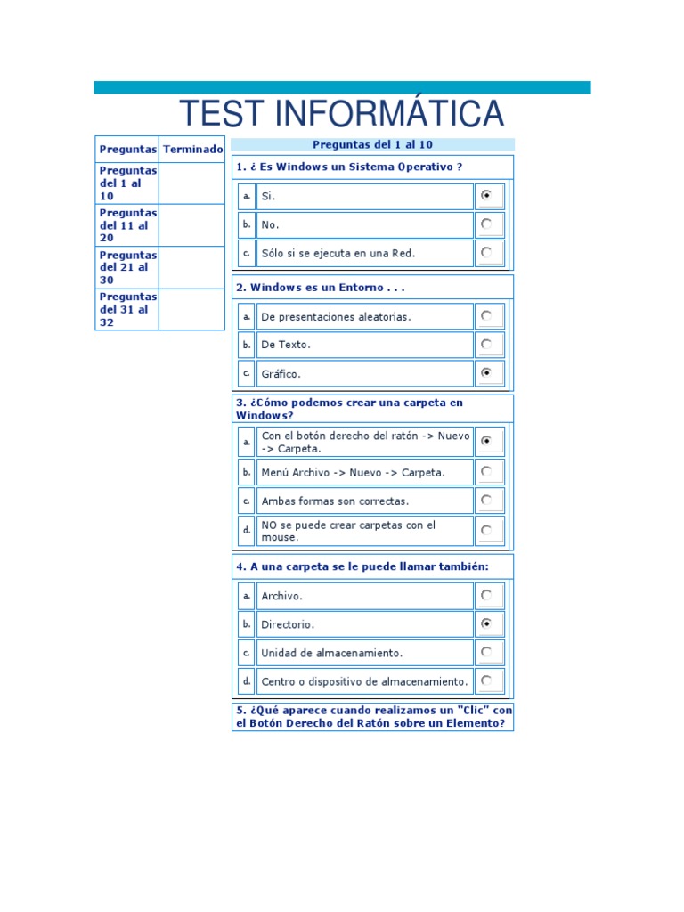TEST INFORMÁTICA. 1. Es Windows Un Sistema Operativo - 2. Windows Es Un ...