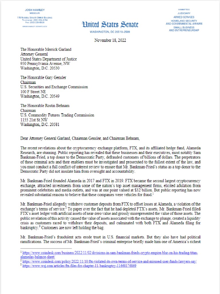 Letter From Josh Hawley To FEC and CFTC | PDF