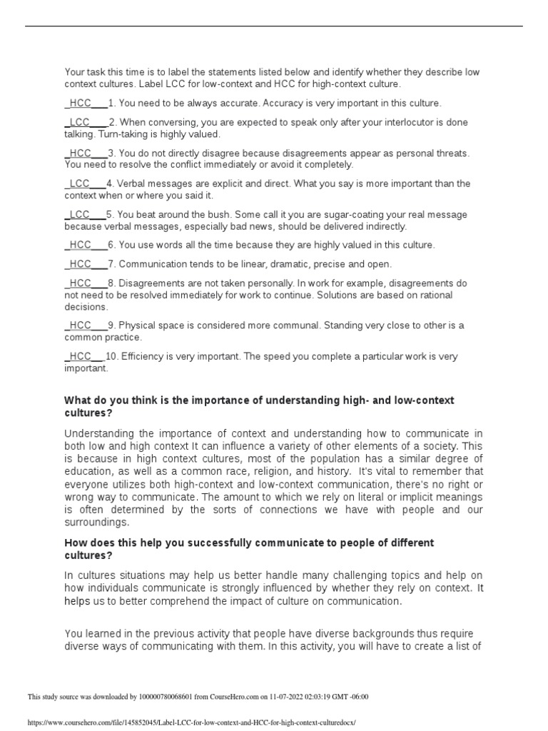 Label LCC For Low Context and HCC For High Context Culture | PDF ...