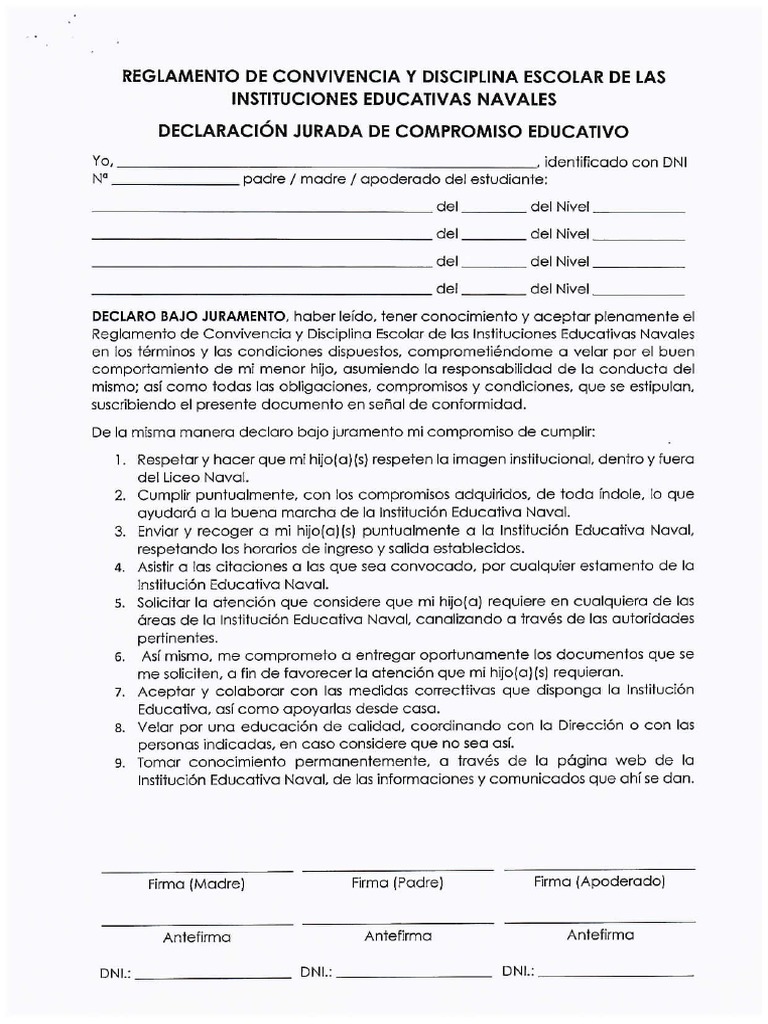 Compromiso Reglamento de Convivencia y Disciplina Escolar | PDF