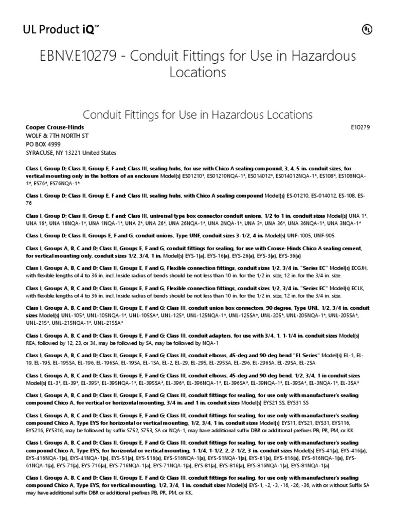 EBNV.E10279 Conduit Fittings For Use in Hazardous Locations UL