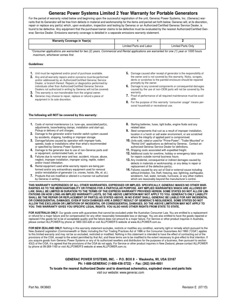 Generac power systems limited 2 year warranty for portable generators