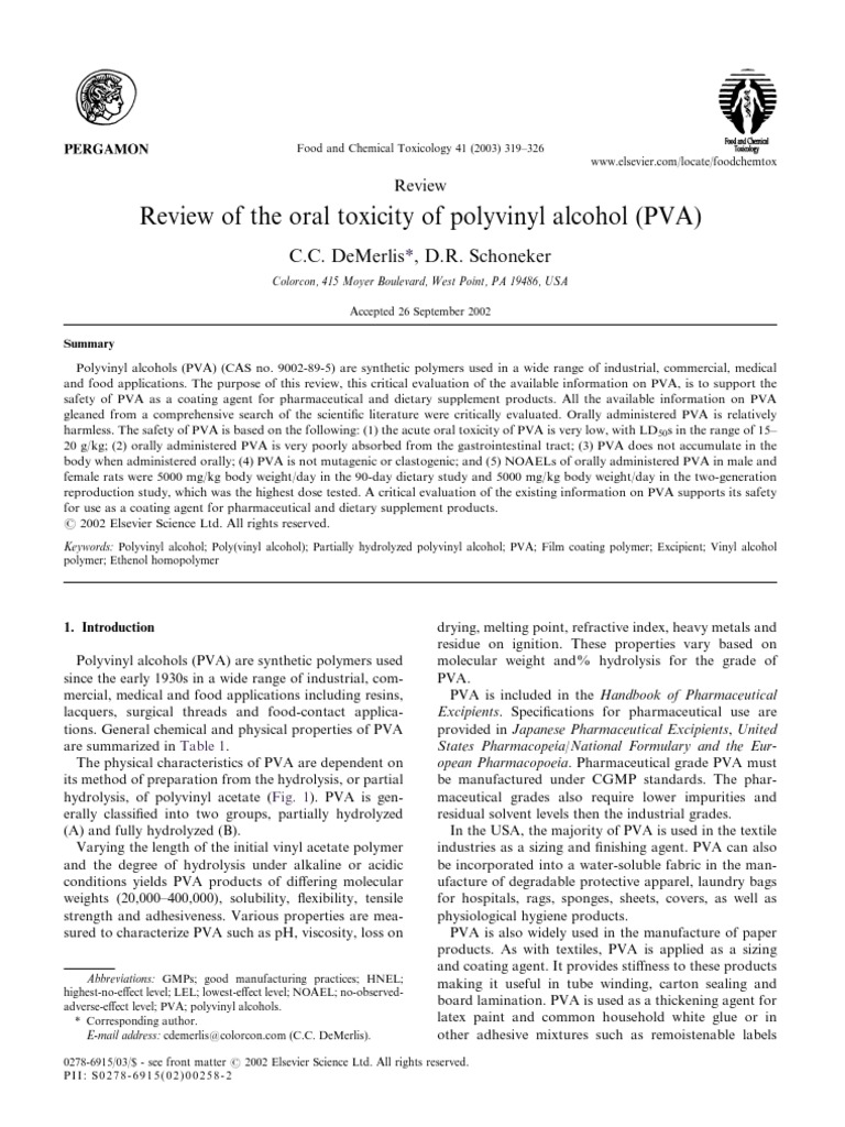 Review of The Oral Toxicity of Polyvinyl Alcohol (PVA) Download Free