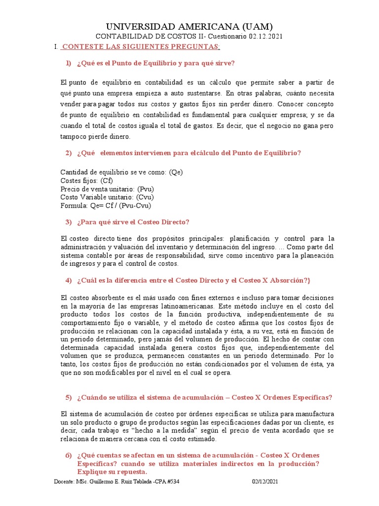 Contabilidad de Costos: Punto de Equilibrio y Métodos | PDF | Costo ...