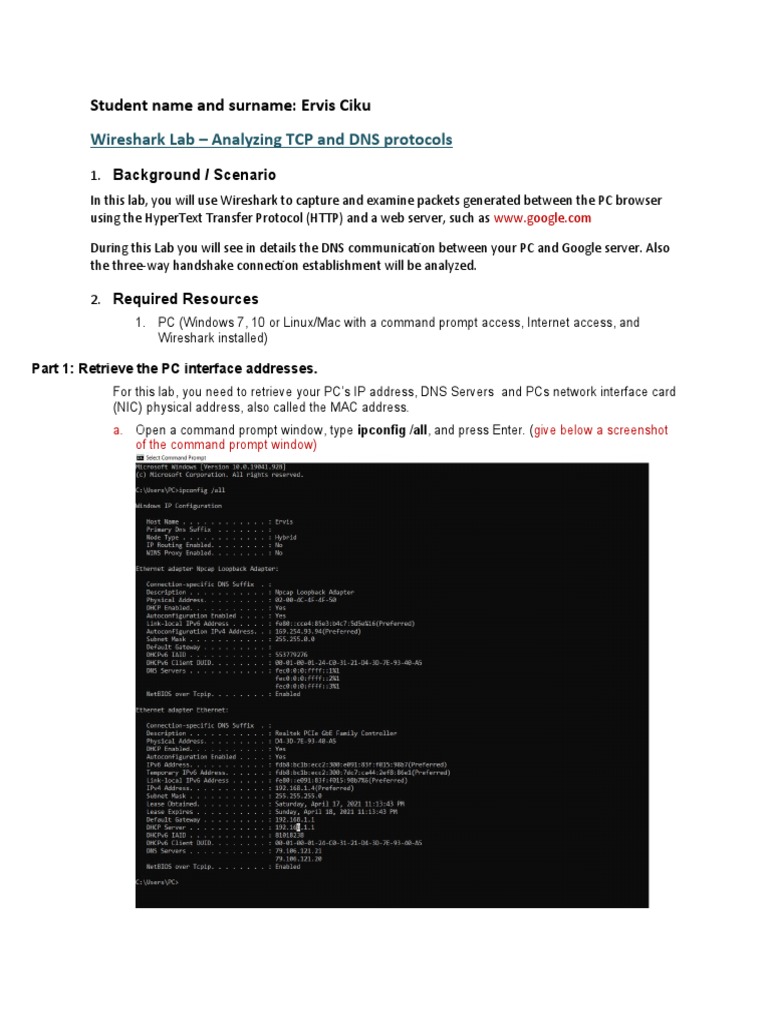 Wireshark Analysis of DNS and TCP Handshake | PDF | Transmission ...