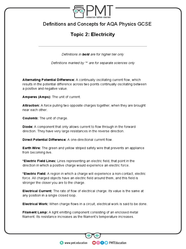 Aqa electricity physics definitions pdf