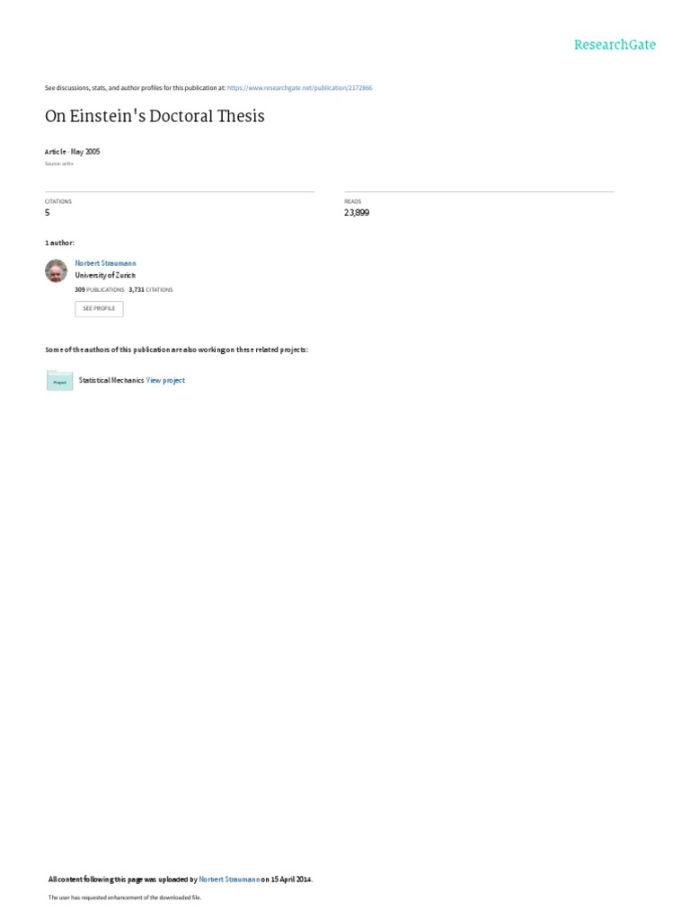 Einstein's Doctoral Thesis Analysis | PDF