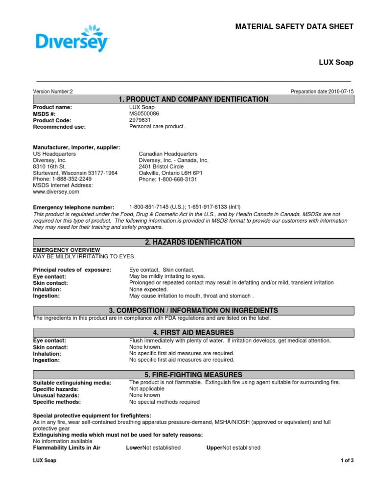 Johnson Diversey 2979831 LUX Bar Hand Soap MSDS Safety Occupational