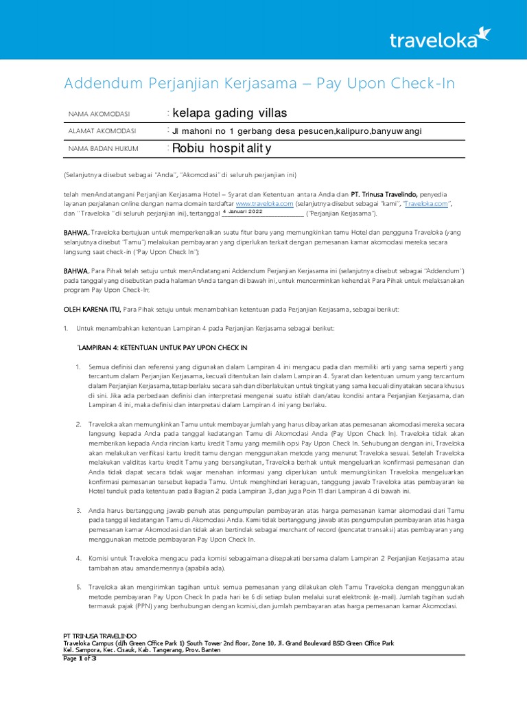 Addendum Kerjasama Pay Upon Check-In | PDF