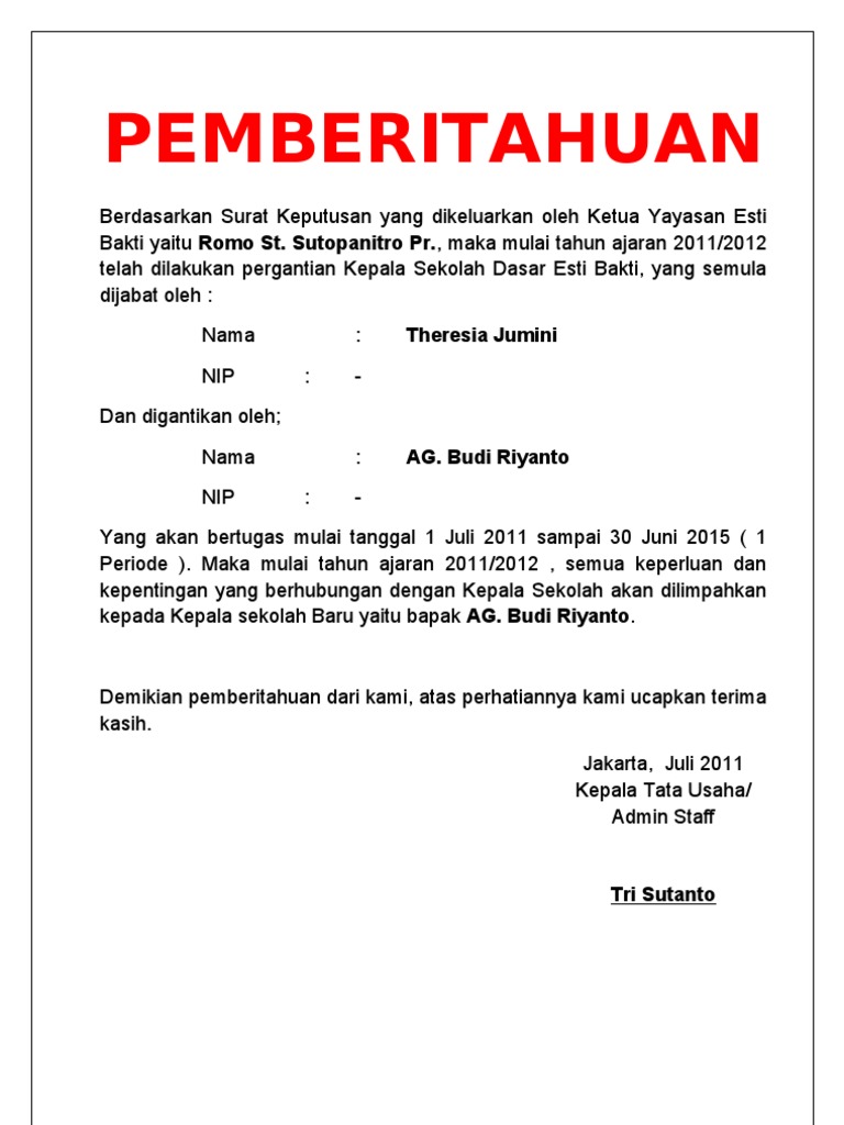 Contoh Surat Pemberitahuan Pergantian Karyawan Tetap Adalah Untuk ...