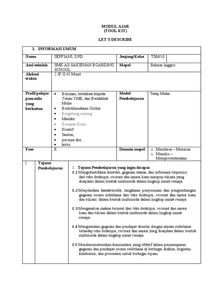 Modul Ajar 1 Descriptive Text | PDF | Karier & Perkembangan