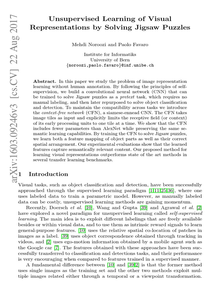Unsupervised learning of visual representations by solving jigsaw