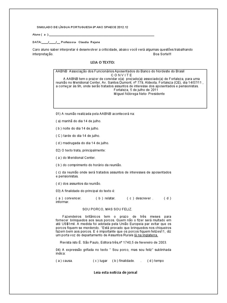 Simulado de Português 9º Ano SPAECE | PDF