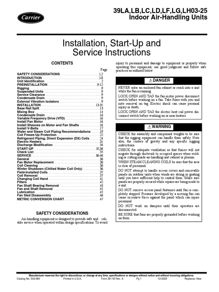 39L7SI Carrier Ahu Installation Guide PDF Screw Horsepower