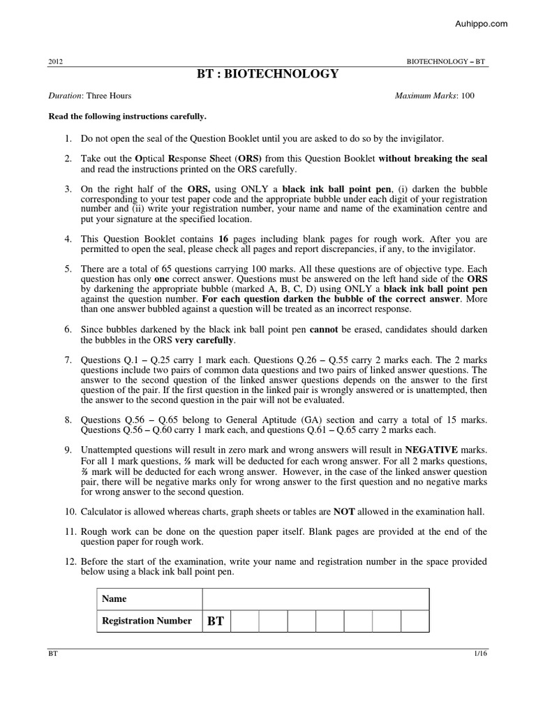 Gate BT - 2012 Questions With Key | PDF | Antibody | Proteins