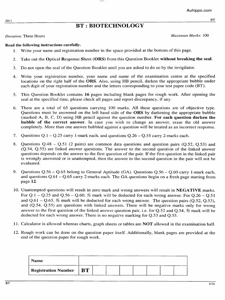 GATE Biotechnology Previous Papers | PDF