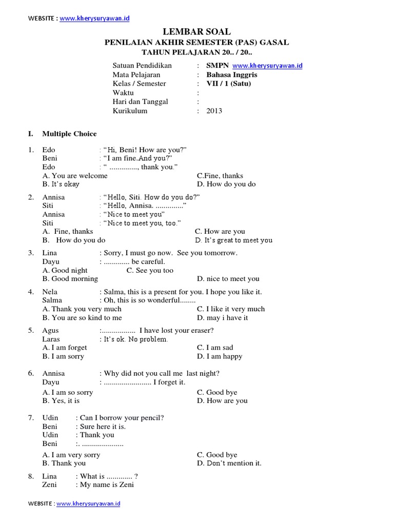 English Exam Questions for SMP | PDF | Language Arts & Discipline