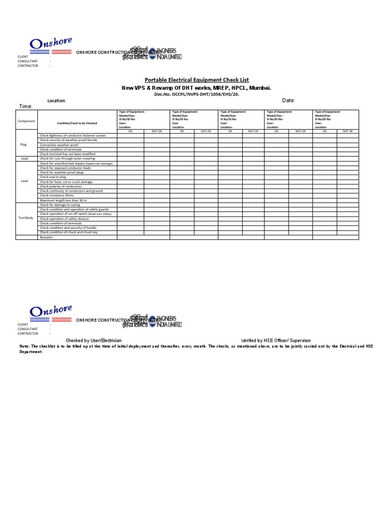 Portable Electrical Equipment Checklist PDF Electric Power