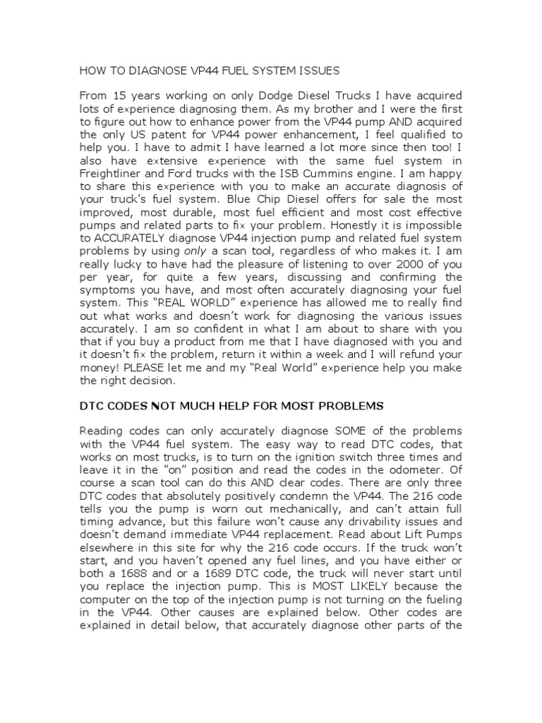 Vp44 Fuel System Issues | PDF