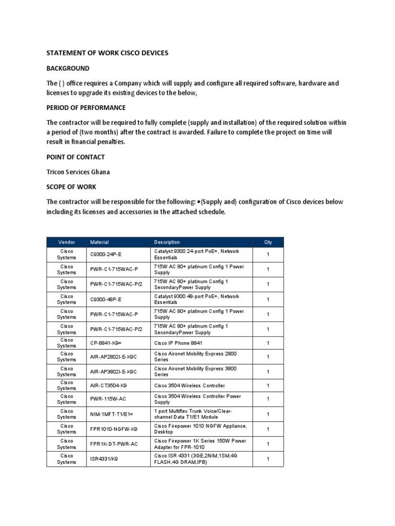 Cisco Device Upgrade Statement of Work | PDF | Electronics ...