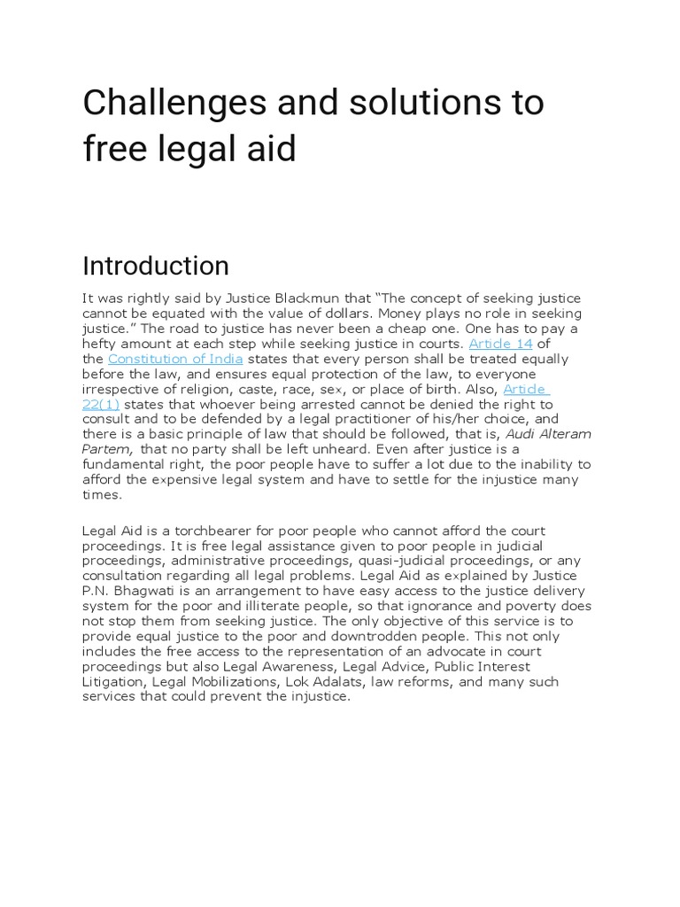 Challenges and Solutions To Free Legal Aid PDF Legal Aid Justice
