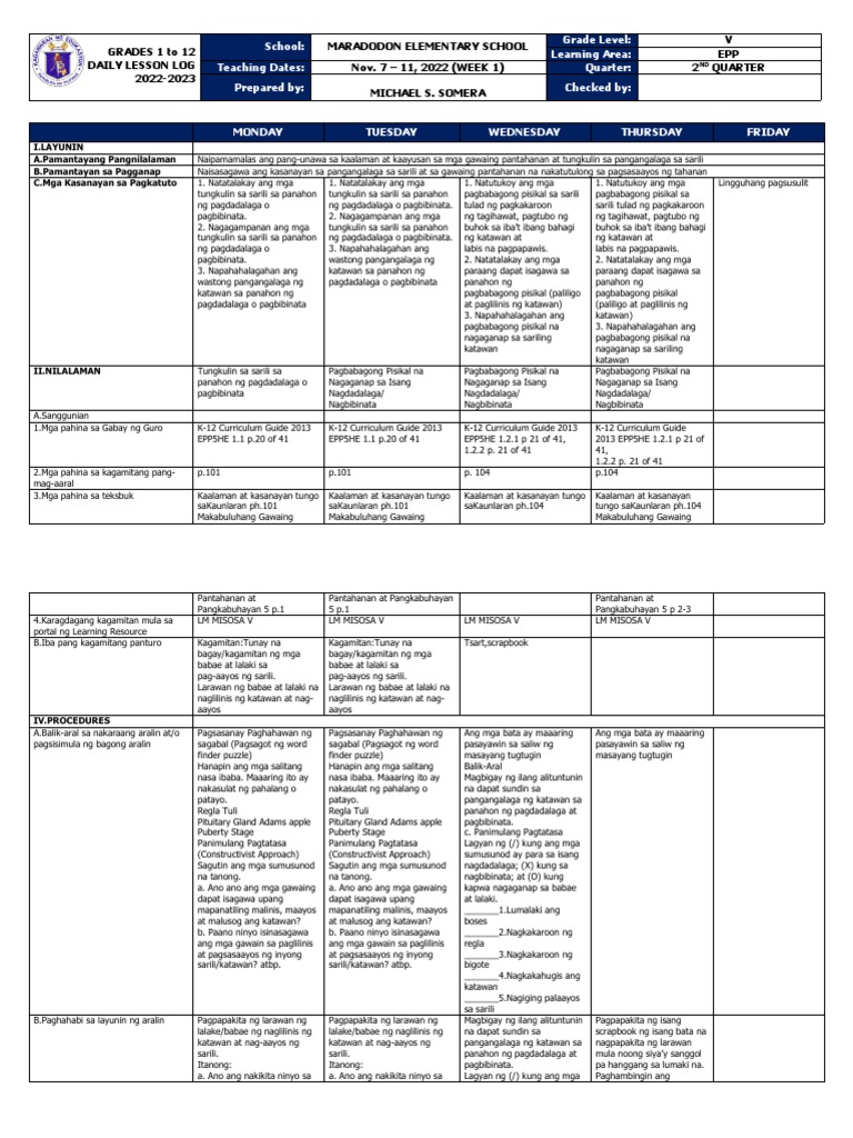 DLL - Epp 5 - Q2 - W1 | PDF