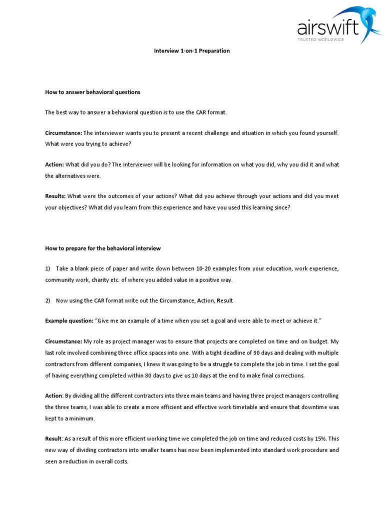 CAR Method for Behavioral Interviews | PDF | Goal | Business