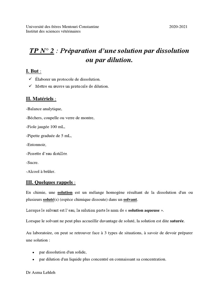 Dilution de solutions en laboratoire | PDF | Concentration molaire ...