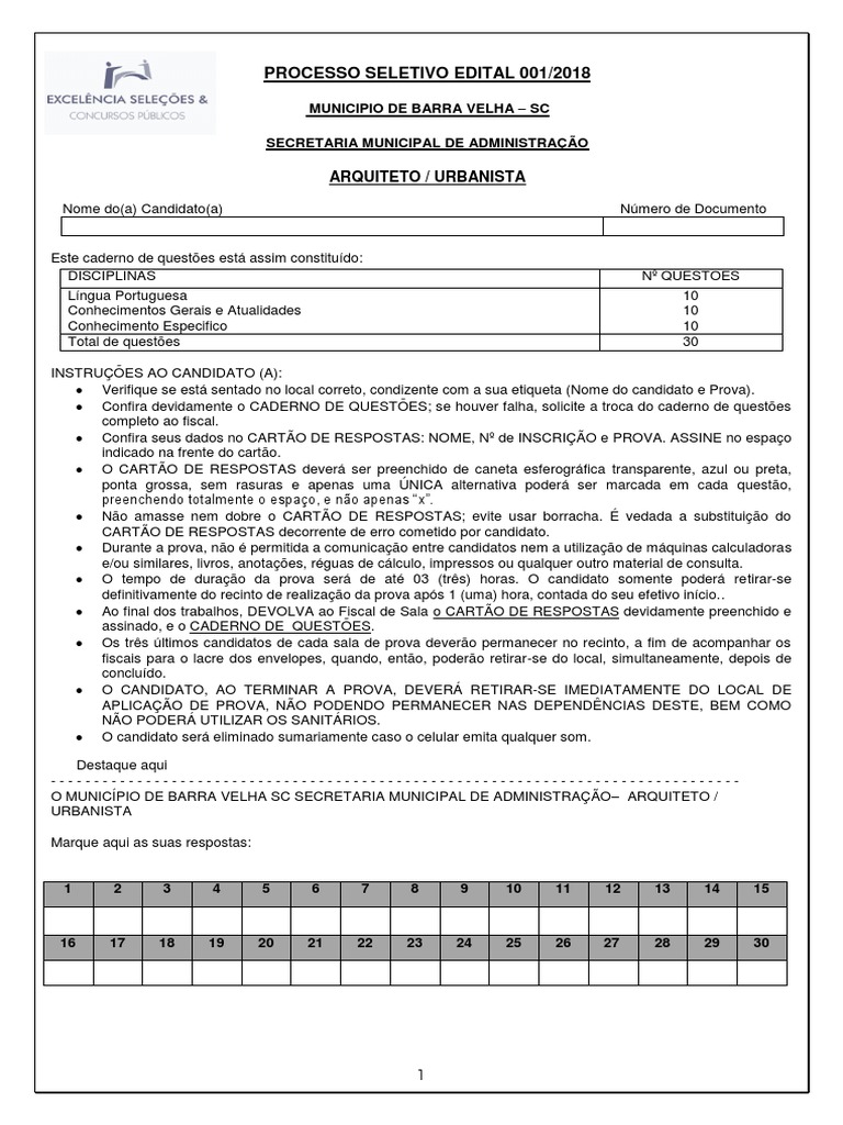 Excelencia2019Prefeitura de Barra VelhaScArquitetoProva PDF