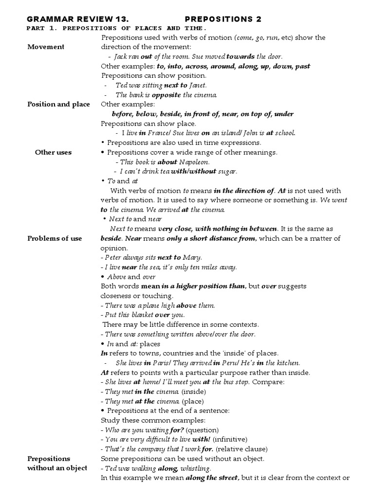 Grammar Review 13 Prepositions 2 Key Pdf Preposition And Postposition